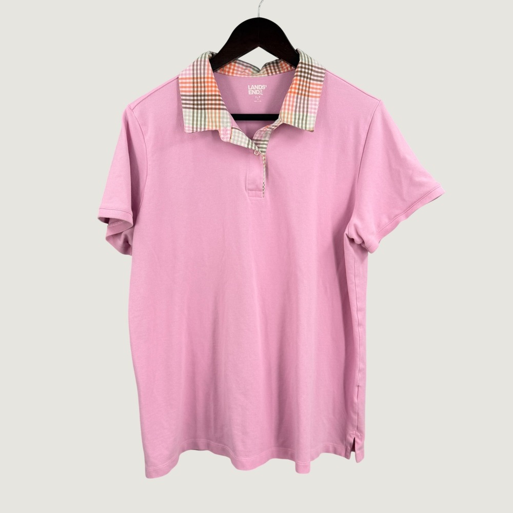 Lands End Pink Polo Shirt Plaid Collar XL Petite Cotton Stretch Short Sleeve